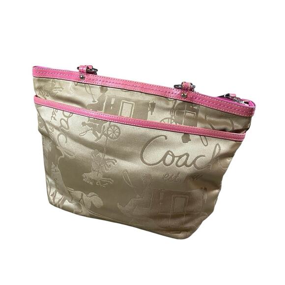 Coach Satin Khaki Horse Carriage Pleated Tote Bag - Picture 4 of 9